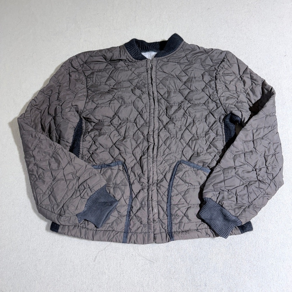 Vintage 70s Quilted Full Zip Bomber Jacket Brown Ribbed Knit Trim Lined Pockets